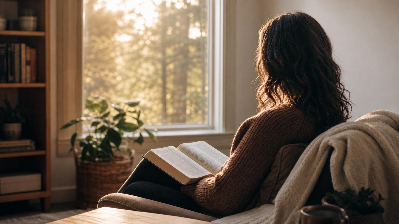 A woman sitting quietly with an open Bible while learning how to hear God.